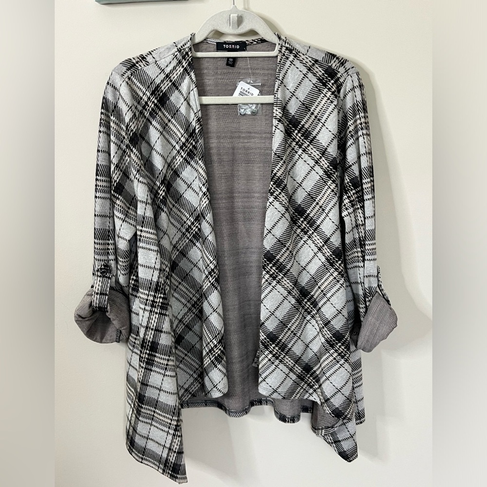 Torrid Open Hang Sweater Plaid Drape Jacket Size 00 New Black Beige Gray